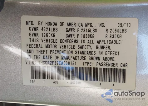 2014 Honda Accord Sport z USA, uszkodzony, nr VIN 1HGCR2F57EA030181